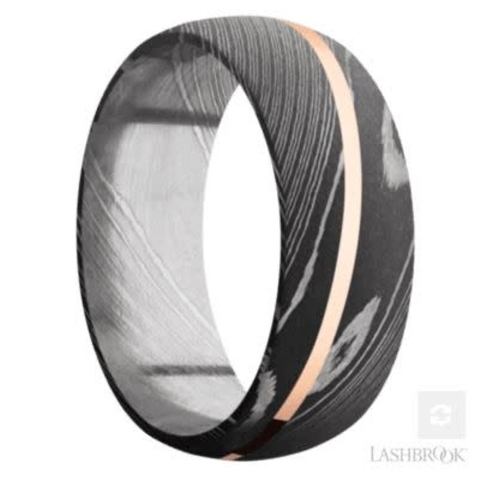 Lashbrook Lashbrook 8mm Polish Damascus Steel Diagonal 14k Rose Gold Inlay Domed Men's Wedding Band (Size10)