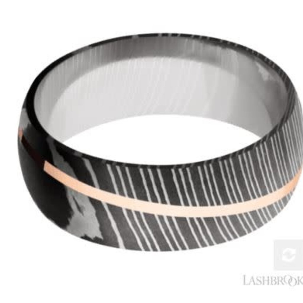 Lashbrook Lashbrook 8mm Polish Damascus Steel Diagonal 14k Rose Gold Inlay Domed Men's Wedding Band (Size10)