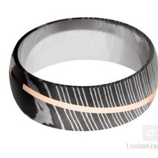 Lashbrook Lashbrook 8mm Polish Damascus Steel Diagonal 14k Rose Gold Inlay Domed Men's Wedding Band (Size10)