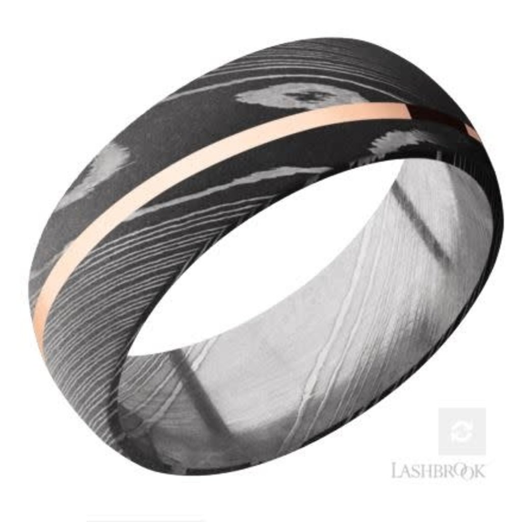 Lashbrook Lashbrook 8mm Polish Damascus Steel Diagonal 14k Rose Gold Inlay Domed Men's Wedding Band (Size10)