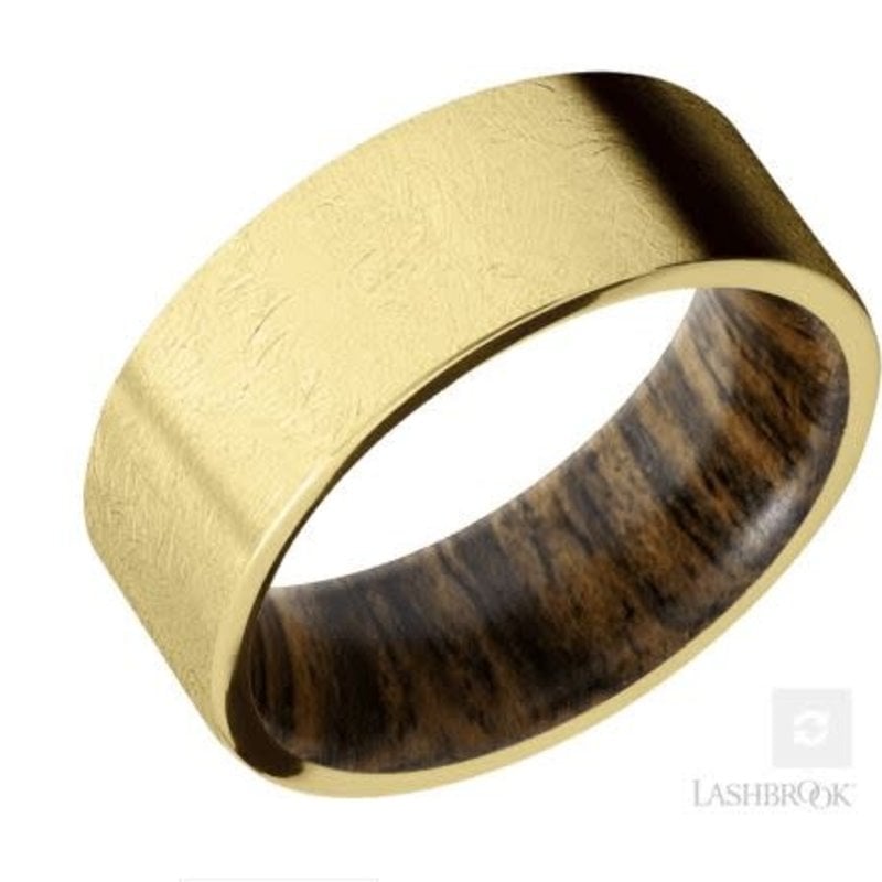 Lashbrook Lashbrook 14k Yellow Gold 8mm Flat Edge Distressed Finish with Bocote Wood Sleeve Men's Wedding Band (Size 10)