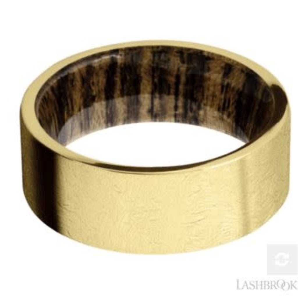 Lashbrook Lashbrook 14k Yellow Gold 8mm Flat Edge Distressed Finish with Bocote Wood Sleeve Men's Wedding Band (Size 10)