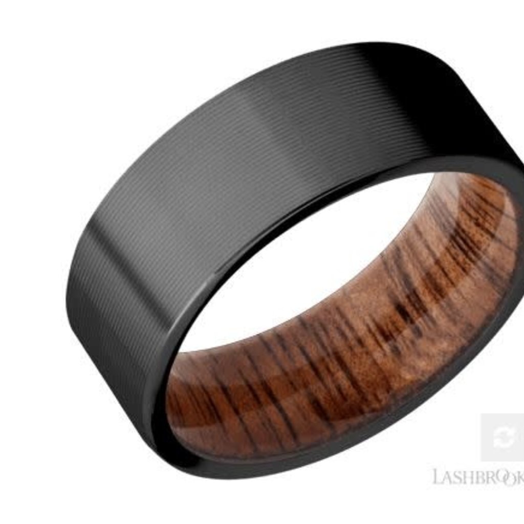 Lashbrook Lashbrook 8mm Flat Edge Zirconium Machine Finish with Koa Wood Sleeve Men's Wedding Band (Size 10)