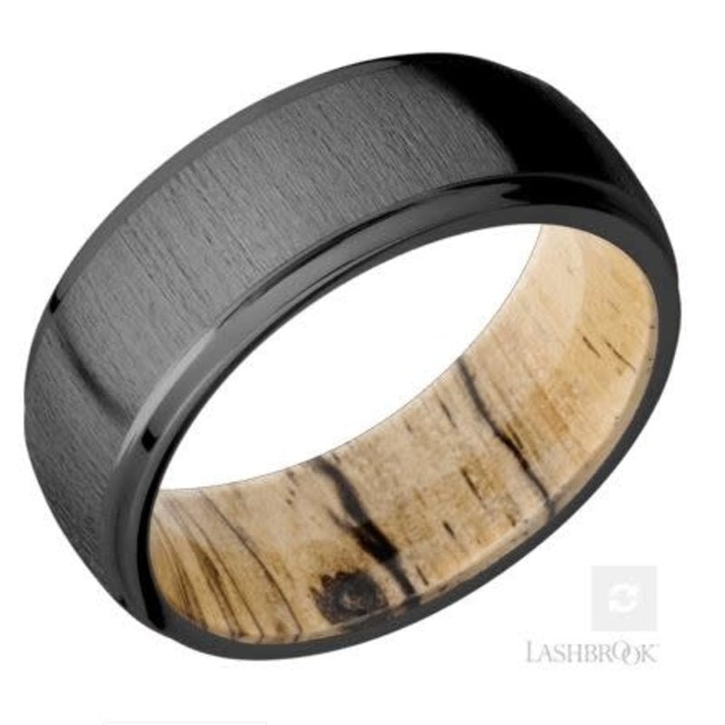 Lashbrook Lashbrook 8mm Polish Step Edge Zirconium Cross Satin Finish with Spalted Tamarind Wood Sleeve Men's Wedding Band (Size 11)