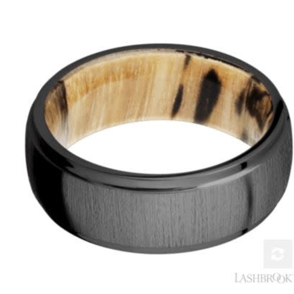 Lashbrook Lashbrook 8mm Polish Step Edge Zirconium Cross Satin Finish with Spalted Tamarind Wood Sleeve Men's Wedding Band (Size 11)