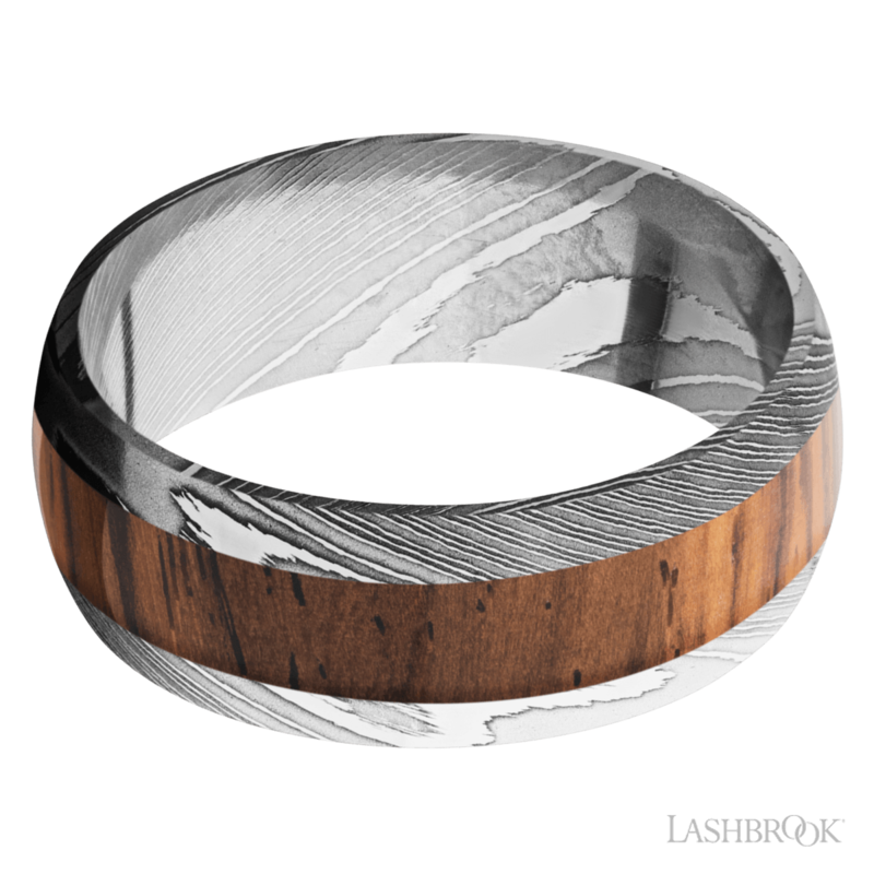 Lashbrook Lashbrook 9mm Polish Damascus Steel with Natural Cocobolo Wood Inlay Men's Wedding Band (Size 10)