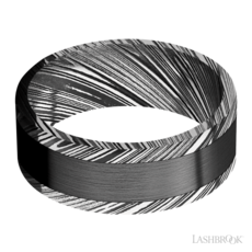 Lashbrook Lashbrook 8mm Flat Edge Acid Wood Grain Damascus Steel with Satin Zirconium Inlay Men's Wedding Band (Size 10)