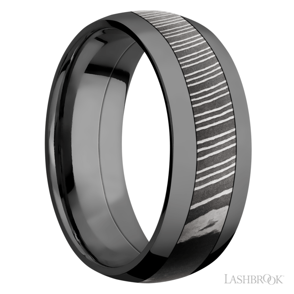 Lashbrook Lashbrook 8mm Domed Polished Zirconium with Acid Damascus Steel Inlay Men's Wedding Band (Size 10)