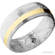 Lashbrook Lashbrook 8mm Domed Polished Damascus Steel with 14k Yellow Gold Off-Set Inlay Men's Wedding Band (Size 10)