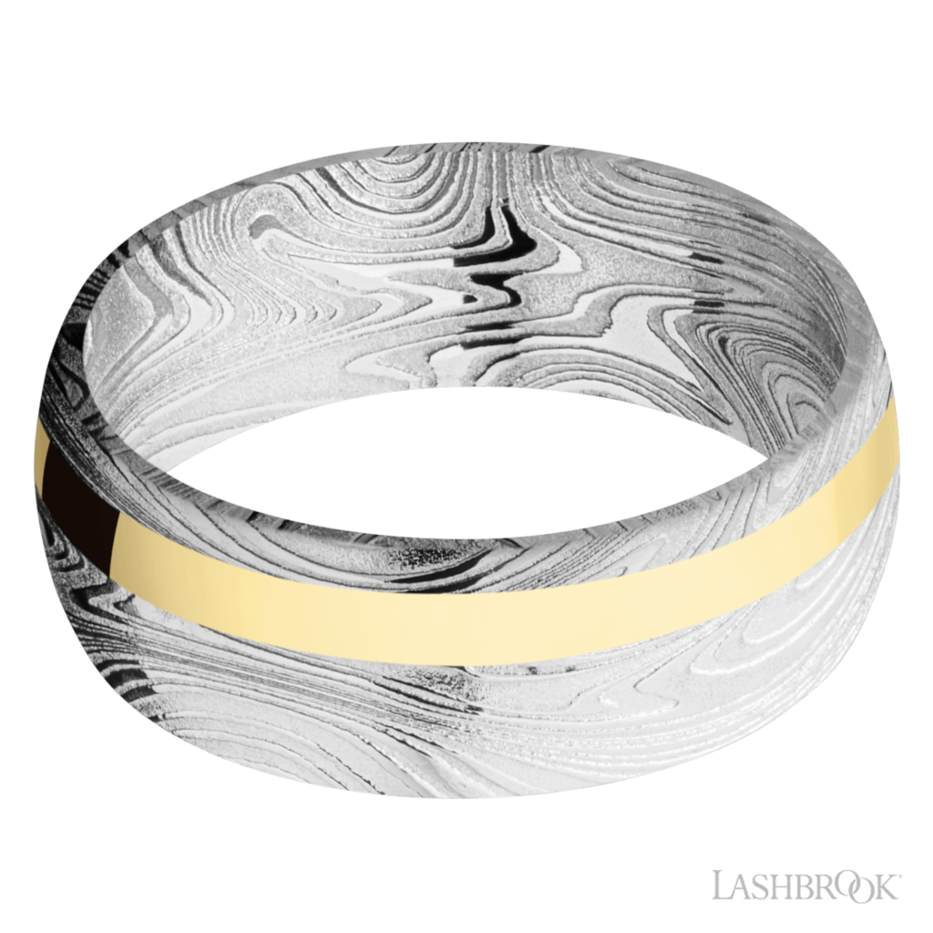 Lashbrook Lashbrook 8mm Domed Polished Damascus Steel with 14k Yellow Gold Off-Set Inlay Men's Wedding Band (Size 10)