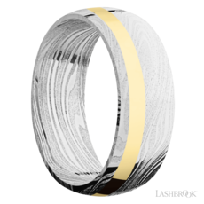 Lashbrook Lashbrook 8mm Domed Polished Damascus Steel with 14k Yellow Gold Off-Set Inlay Men's Wedding Band (Size 10)