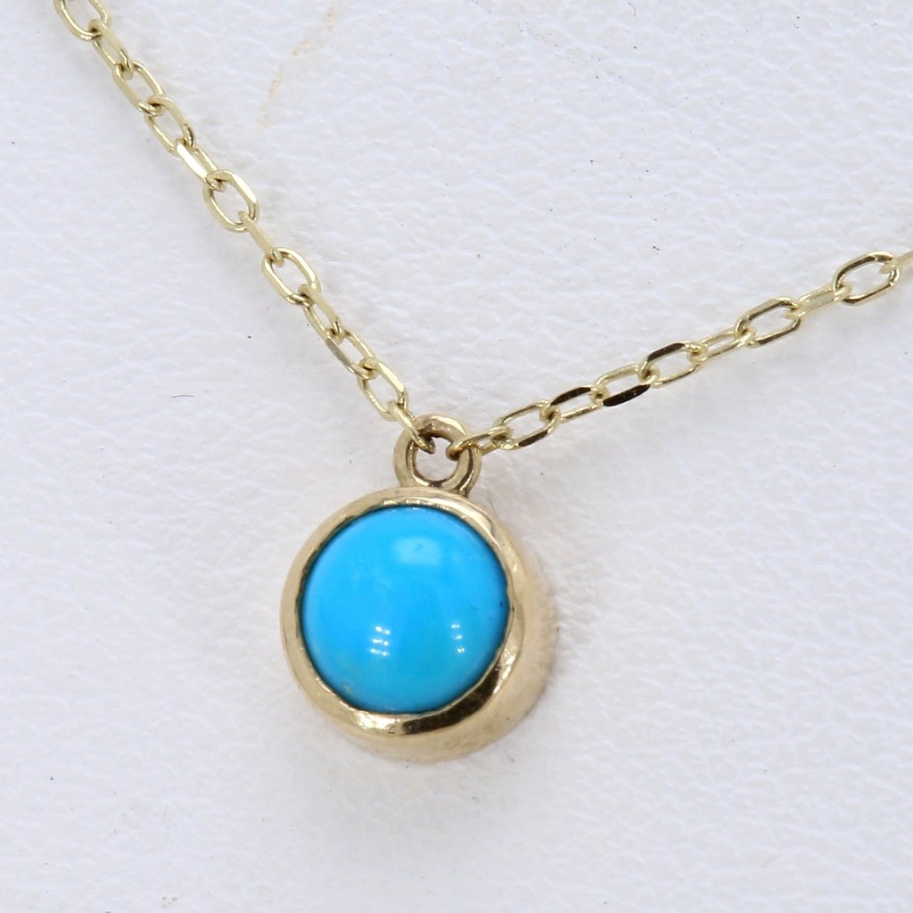 American Jewelry 14k Yellow Gold 5mm Blue Bird Turquoise Cabochon Bezel Dangle Necklace (18")