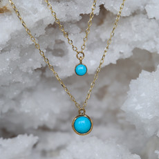 American Jewelry 14k Yellow Gold 3mm Turquoise Cabochon Micro Bezel Dangle Necklace (18")