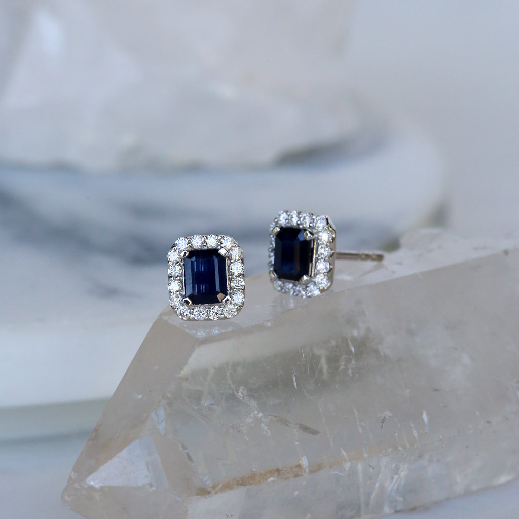 14k White Gold .94ct Sapphire .29ct Diamond Halo Stud Earrings