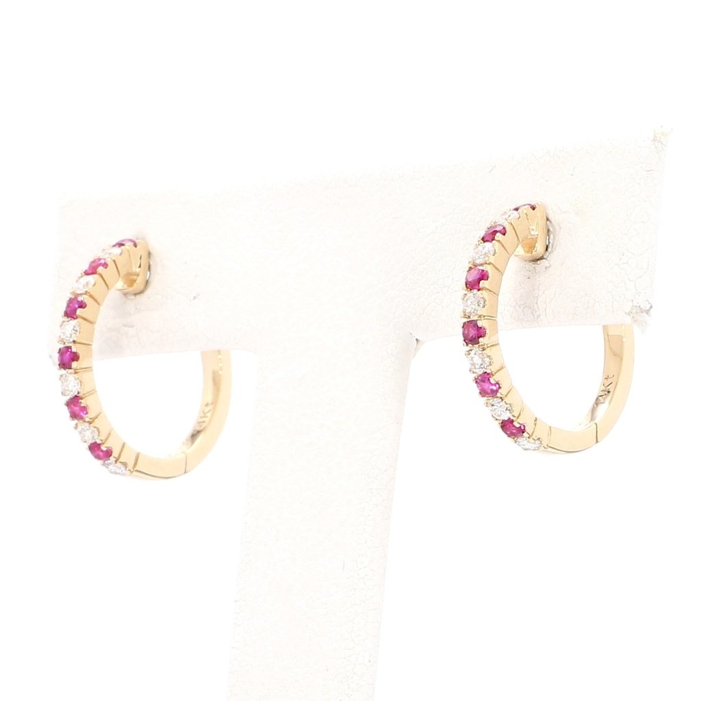 American Jewelry 14K Yellow Gold 0.24ctw Ruby & 0.20ctw Diamond Huggie Earrings