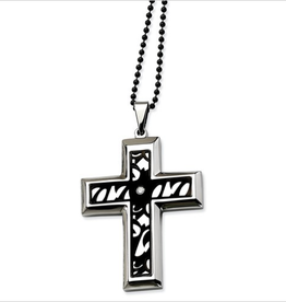 American Jewelry Stainless Steel & Black IP-Plated CZ Fancy Gents Cross Necklace (24" Chain)