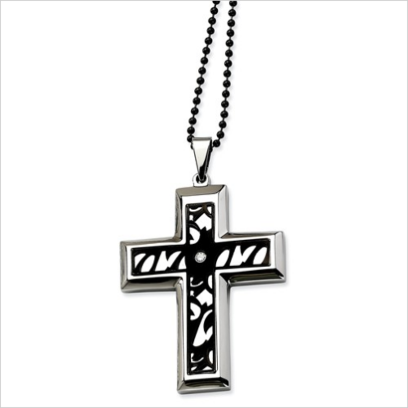 American Jewelry Stainless Steel & Black IP-Plated CZ Fancy Gents Cross Necklace (24" Chain)