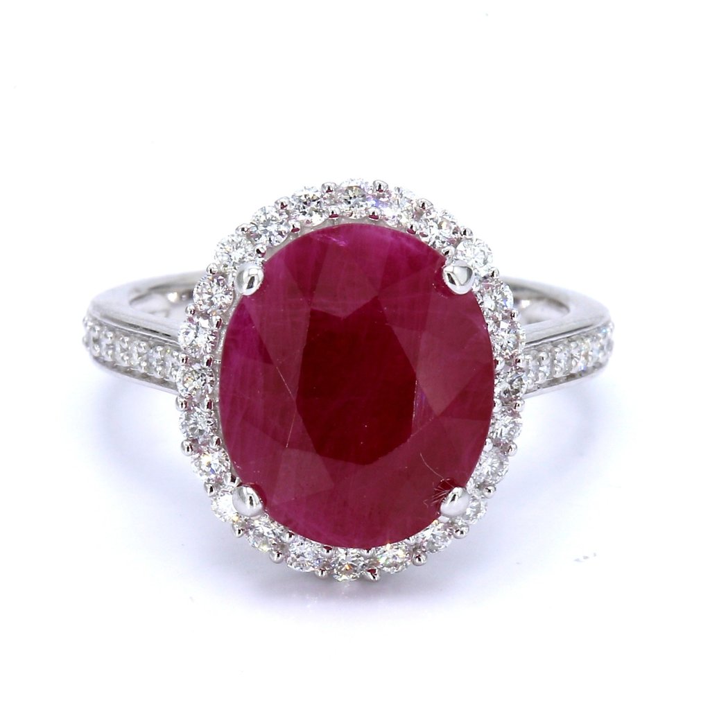 American Jewelry 14K White Gold 5.77ct Ruby & 0.50ctw Diamond Halo Ring (Size 6)