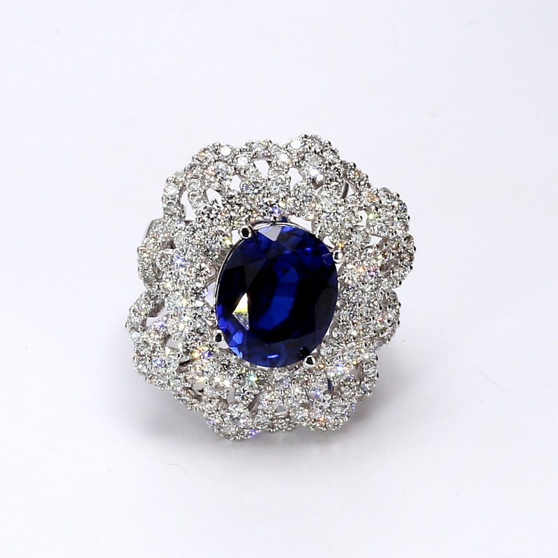 American Jewelry 18K White Gold 6.85ct Sapphire & 3.55ctw Diamond Halo Ring (Size 7)