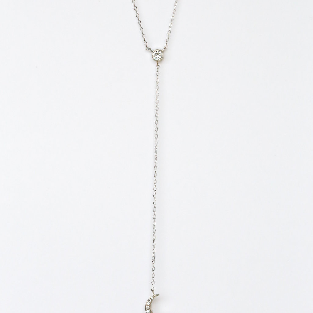 American Jewelry 14k White Gold 1/4ctw Diamond Bezel Crescent Moon Lariat Necklace (14-16")