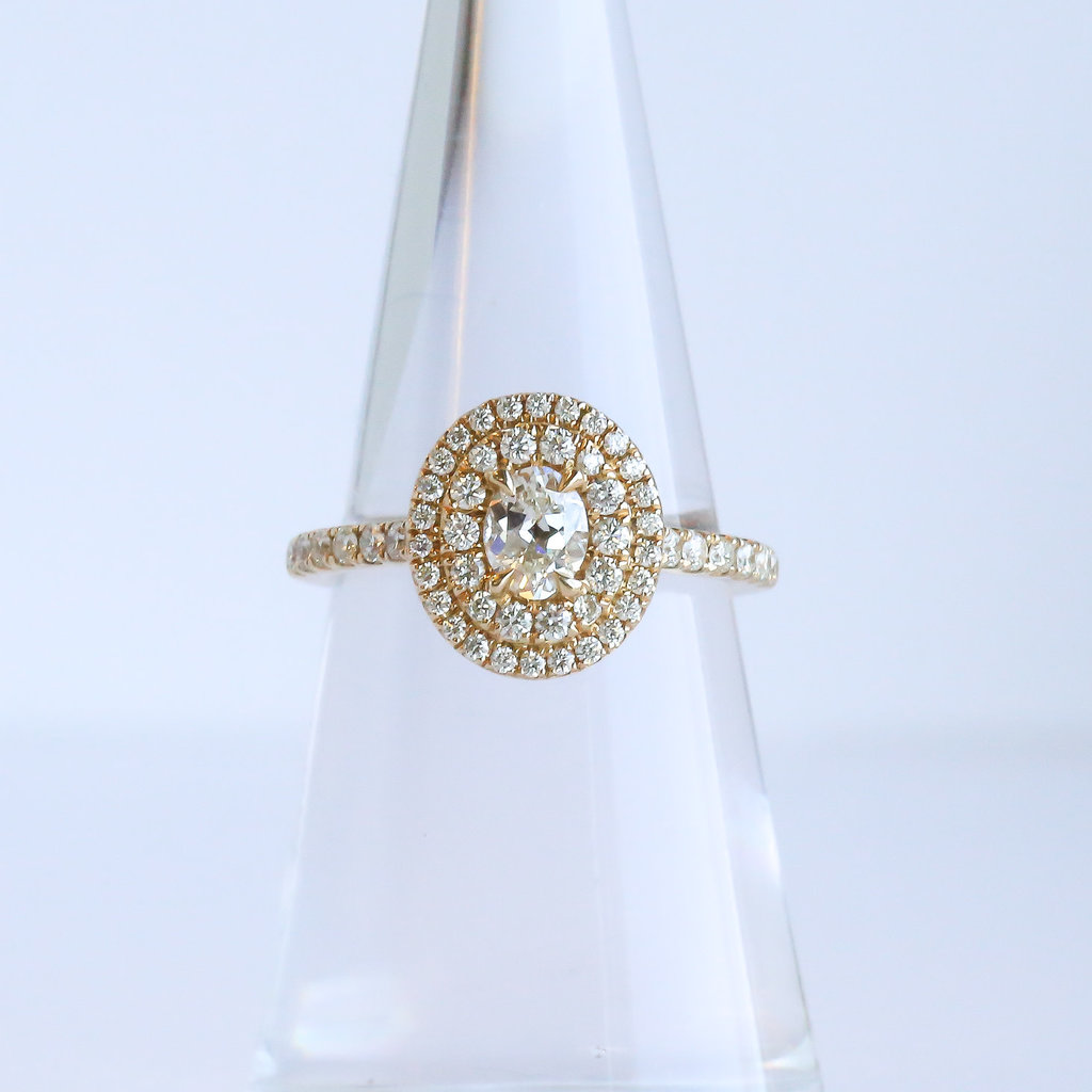 American Jewelry 14k Yellow Gold .91ctw Oval & Round Brilliant Diamond Halo Engagement Ring (.41ct Center)