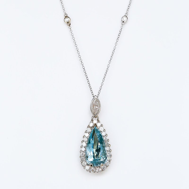 American Jewelry 14k White Gold 8.98ct Pear Aquamarine & 1.95ctw Diamond Halo Pendant