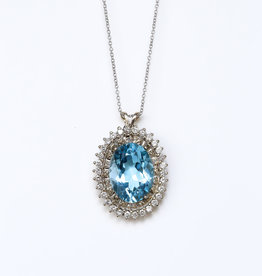 American Jewelry 14k White Gold 11.5ct Oval Swiss Blue Topaz & 3/4ctw Diamond Custom Halo Pendant