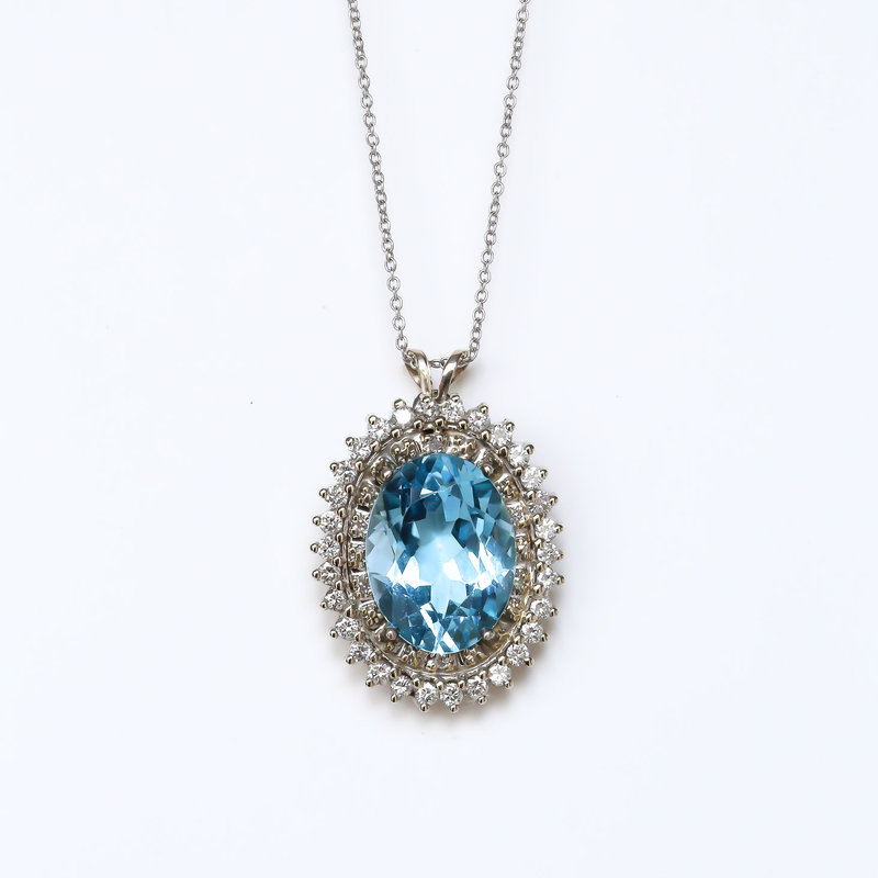 American Jewelry 14k White Gold 11.5ct Oval Swiss Blue Topaz & 3/4ctw Diamond Custom Halo Pendant