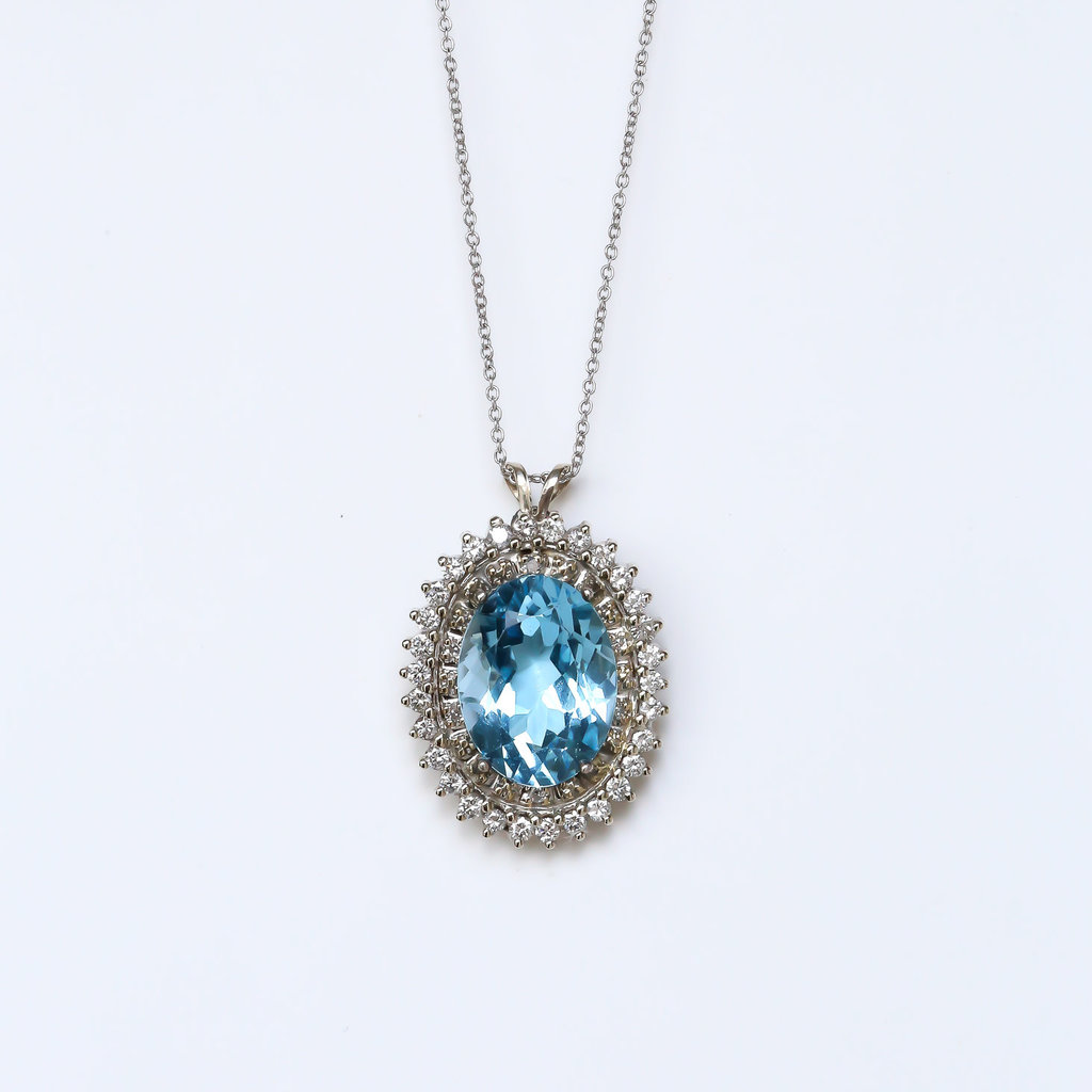 American Jewelry 14k White Gold 11.5ct Oval Swiss Blue Topaz & 3/4ctw Diamond Custom Halo Pendant