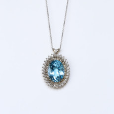 American Jewelry 14k White Gold Oval Aquamarine & 3/4ctw Diamond Custom Halo Pendant