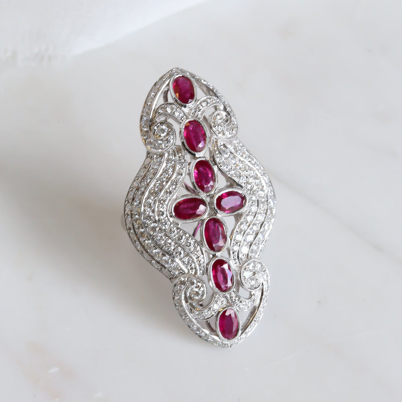 American Jewelry 18k White Gold 2.16ctw Oval Ruby & 2.04ctw Diamond Vintage Style Ladies Ring (Size 6)