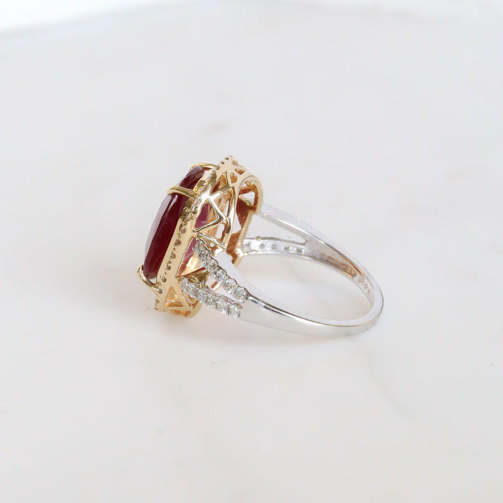 American Jewelry 14k White & Yellow Gold 6ct Ruby & .63ctw Diamond Halo Ladies Ring (Size 7)