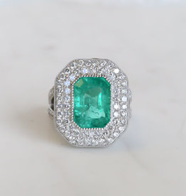 American Jewelry 14k White Gold 5.73ct Natural GIA Colombian Emerald & 2ctw Colorless/VS Diamond Halo Ring