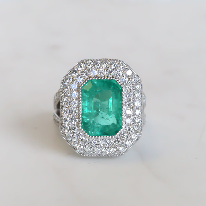 American Jewelry 14k White Gold 5.73ct Natural GIA Colombian Emerald & 2ctw Colorless/VS Diamond Halo Ring