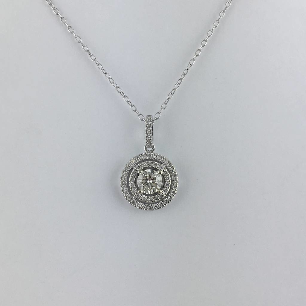 18k White Gold 2/3ctw Diamond (1/3ct Round Ctr) Double Halo Pendant Necklace 18"