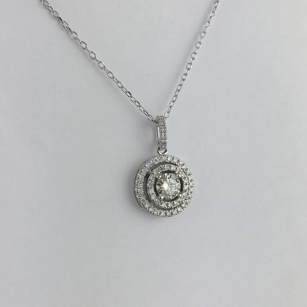 18k White Gold 2/3ctw Diamond (1/3ct Round Ctr) Double Halo Pendant Necklace 18"