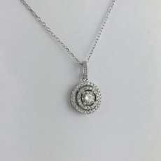 18k White Gold 2/3ctw Diamond (1/3ct Round Ctr) Double Halo Pendant Necklace 18"