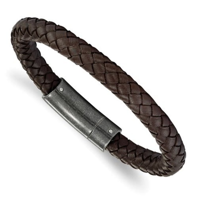 American Jewelry Stainless Steel Brushed Brown Braided Genuine Leather 8.25in Bracelet