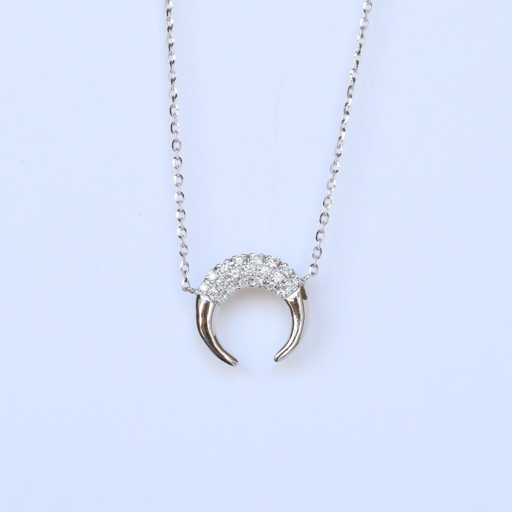 American Jewelry 14K White Gold 0.12ctw Diamond Crescent Moon Necklace (14-18" Adjustable)