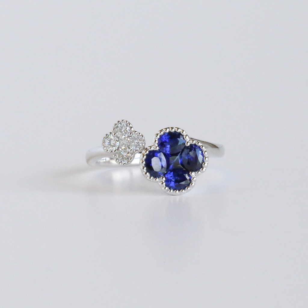 American Jewelry 18K White Gold 0.89ctw Sapphire & 0.20ctw Diamond Clover Asymmetric Ring (Size 6.25)