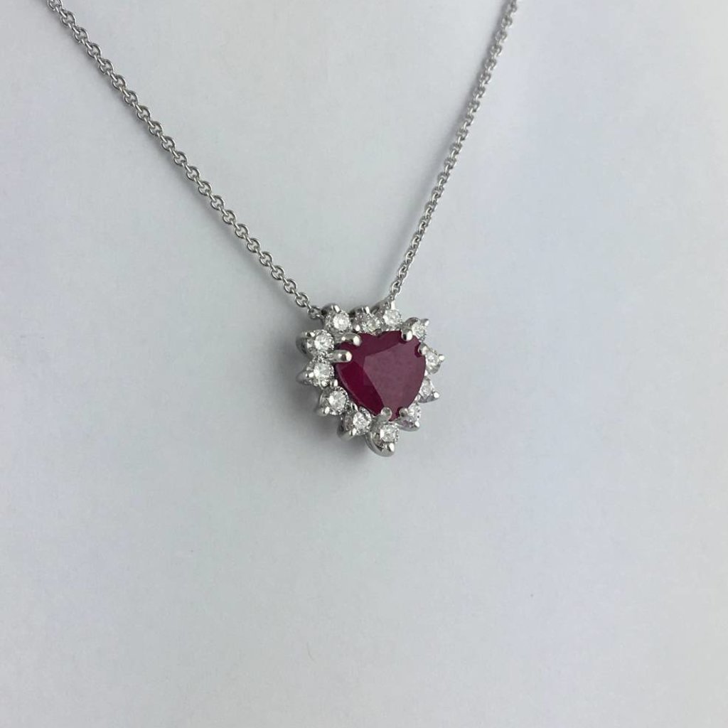 18k White Gold 1.50ct Fancy Heart Ruby & 1/2ctw Diamond Halo Pendant Necklace