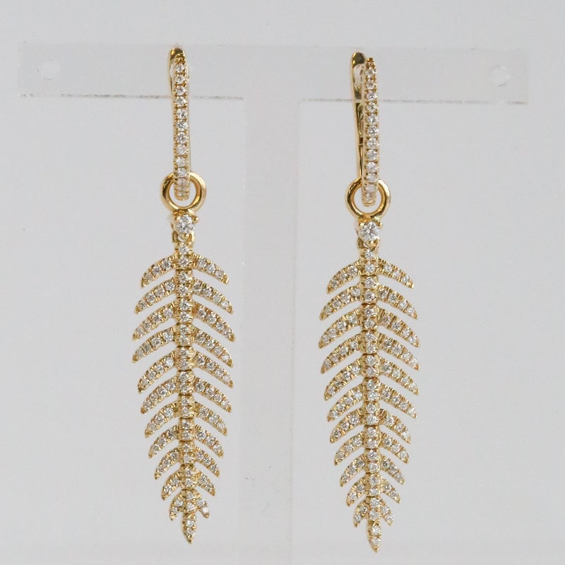 American Jewelry 18K Yellow Gold 0.58ctw Diamond Huggie Earrings with Leaf Charm