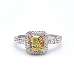 American Jewelry 18k White & Yellow Gold 1.79ctw (.76ct Fancy Intense Yellow / I1 Radiant Center) Diamond Halo Engagement Ring (Size 7)