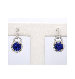 American Jewelry 18k White Gold 3ctw Chatham Blue Sapphire &  .32ctw Diamond Halo Dangle Earrings
