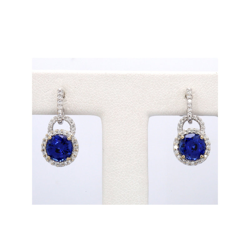 American Jewelry 18k White Gold 3ctw Chatham Blue Sapphire &  .32ctw Diamond Halo Dangle Earrings