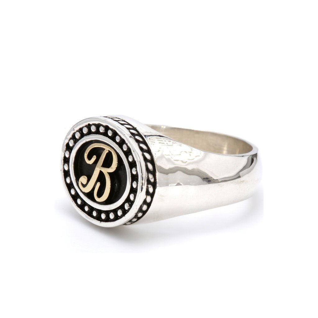 American Jewelry Sterling Silver & 14k Yellow Gold Custom 'B' Initial Gents Signet Ring (Size 10)