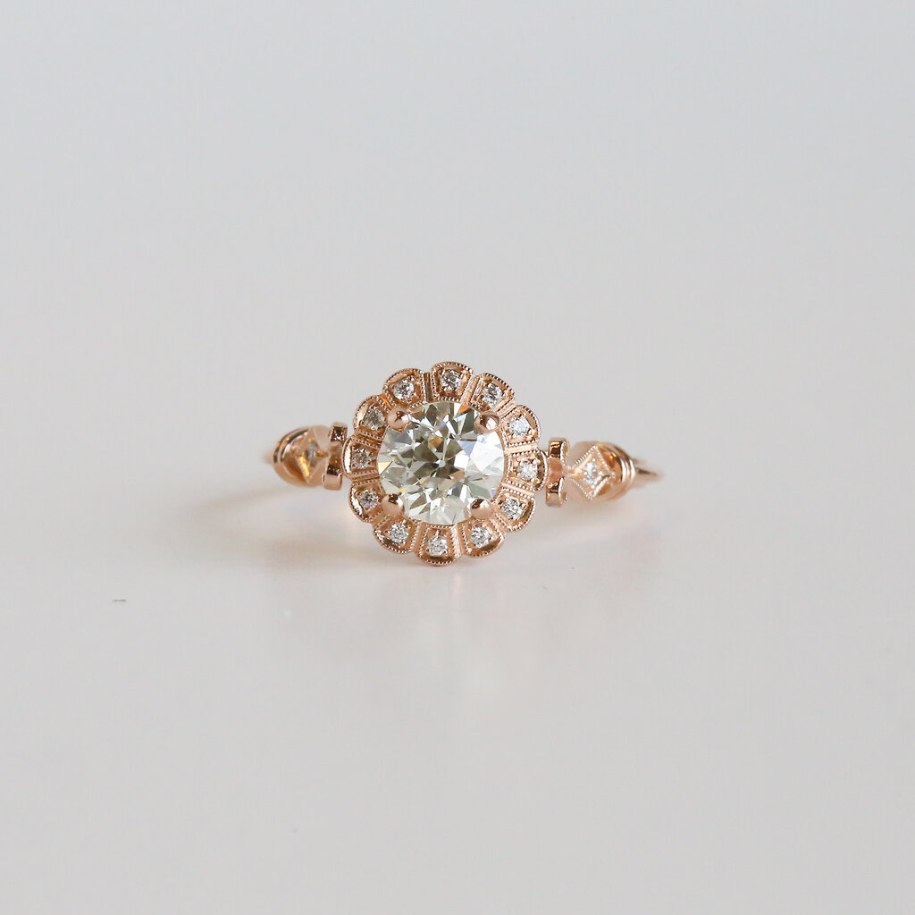 American Jewelry 18k Rose Gold .84ct K SI2 Old Mine Cut Diamond .07ct Halo Engagement Ring (size 7)