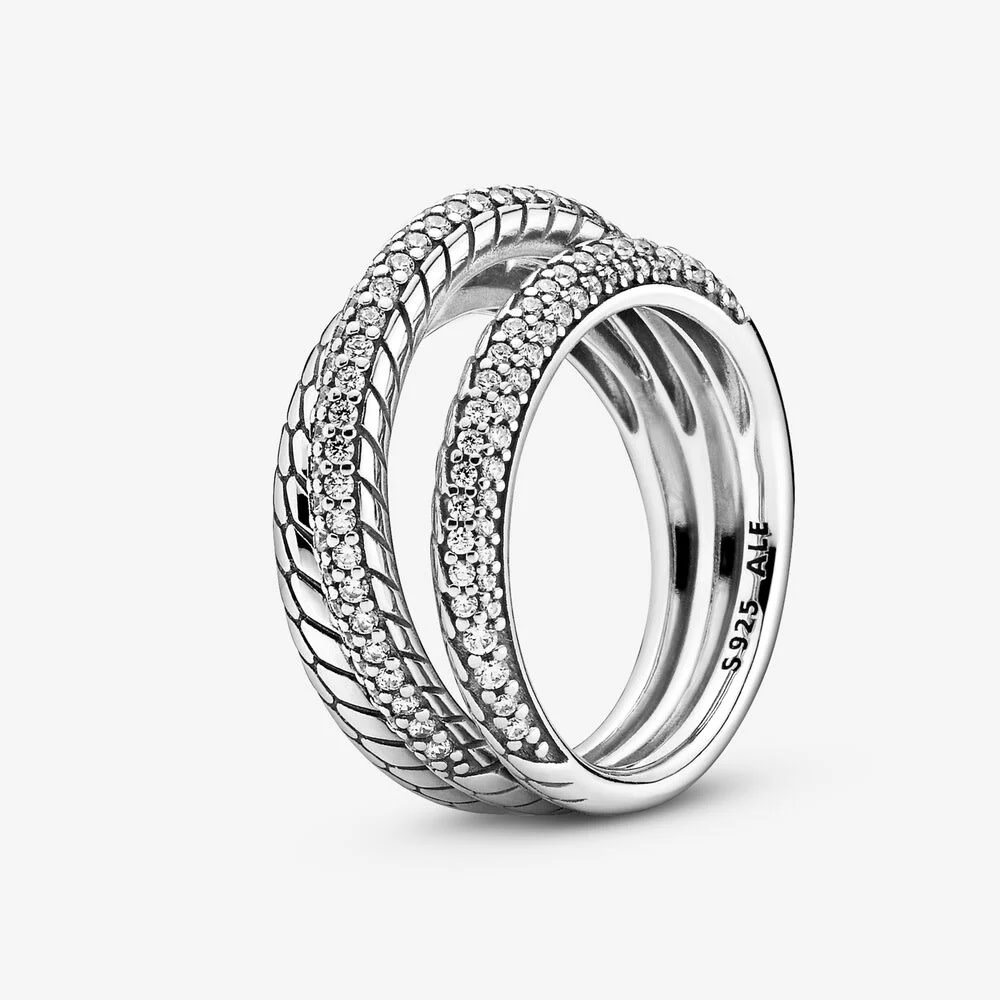 PANDORA Ring, Triple Band Pave' Snake Chain Pattern, Clear CZ - Size 52