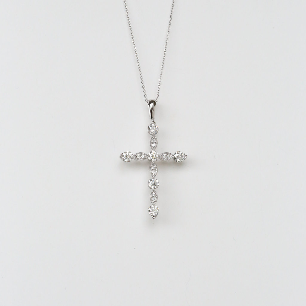 American Jewelry 14k White Gold 1.00ctw Diamond Milgrain Multi Shape Cross Necklace 18"