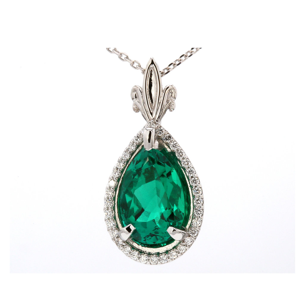 American Jewelry 14k White Gold 3.05ct Pear Chatham Emerald & .17ctw Diamond Halo Pendant